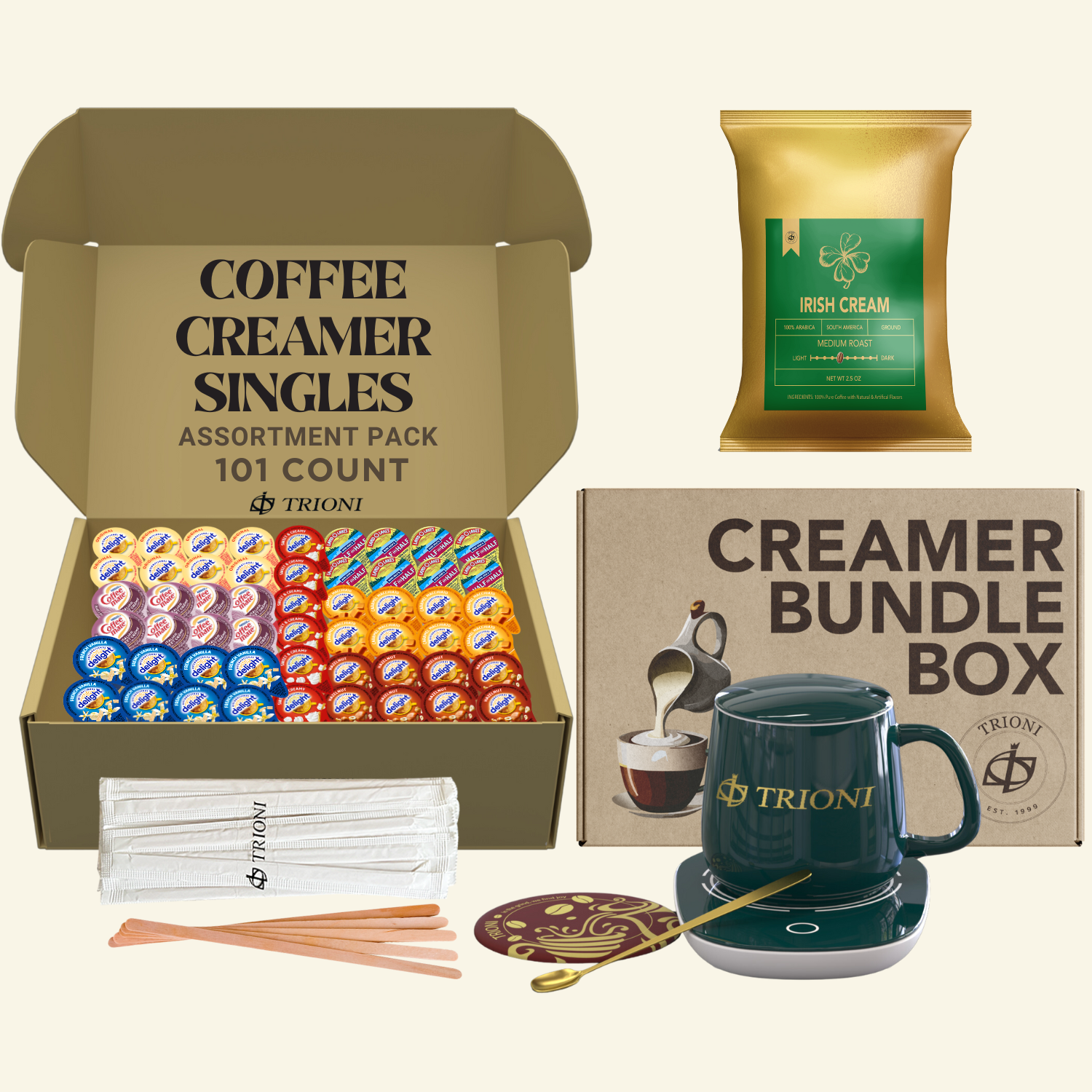 International Delight Coffee Creamer Singles with Ground Coffee - 101ct of Italian, Sweet Cream and 5 more Flavored Pods with 1x2.5 oz TRIONI Medium Roast Coffee Packets - TRIONI Treats