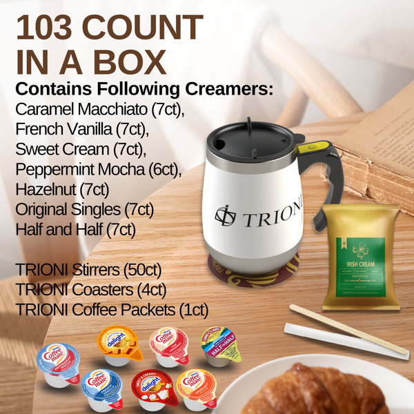 Coffee Mate Coffee Creamer Singles with Ground Coffee - 103ct of Peppermint, Sweet and 5 more Flavored Pods with 1x2.5 oz TRIONI Medium Roast Coffee Packets