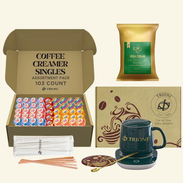 Coffee Mate Coffee Creamer Singles with Ground Coffee - 103ct of Peppermint, Sweet and 5 more Flavored Pods with 1x2.5 oz TRIONI Medium Roast Coffee Packets