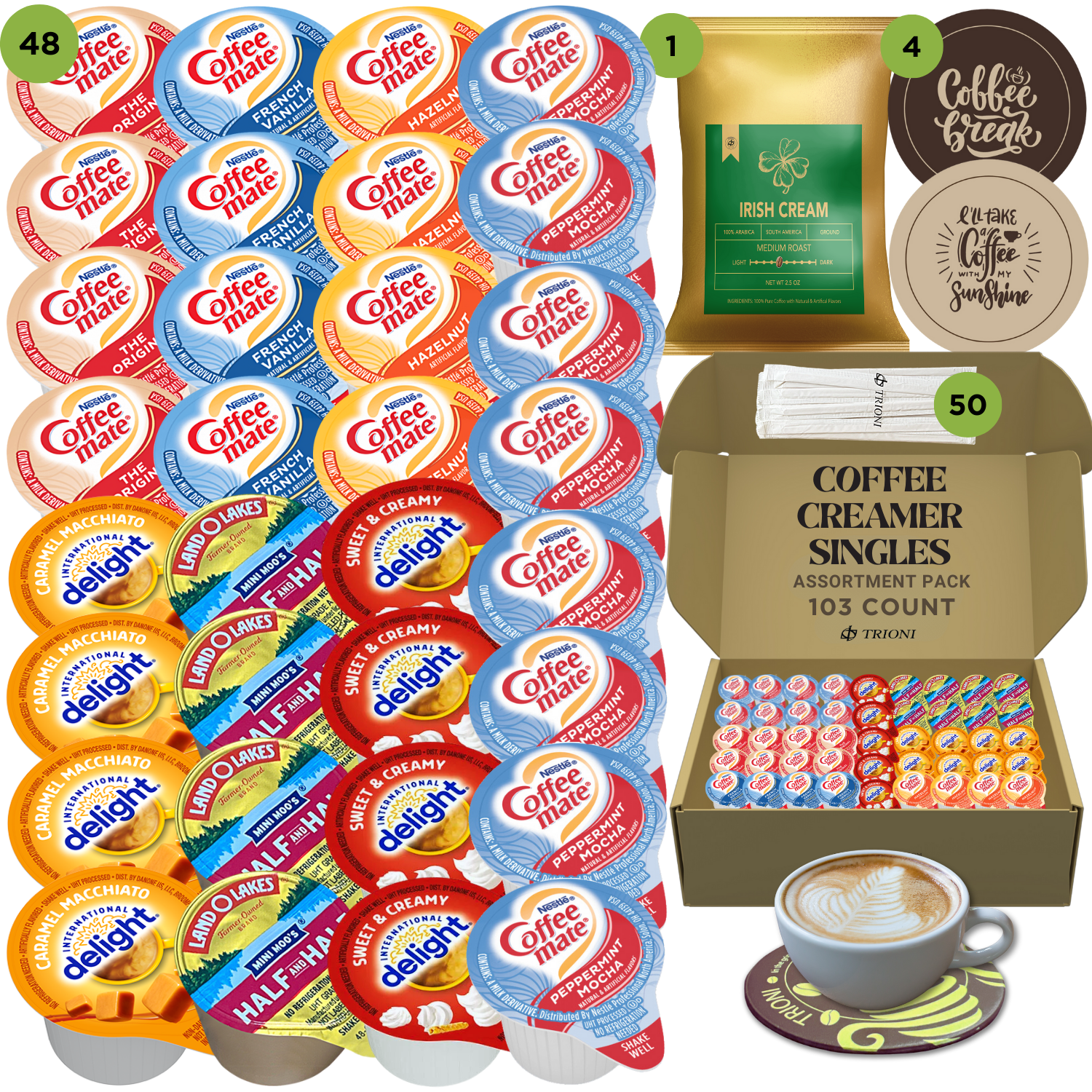 Coffee Mate Coffee Creamer Singles with Ground Coffee - 103ct of Peppermint, Sweet and 5 more Flavored Pods with 1x2.5 oz TRIONI Medium Roast Coffee Packets