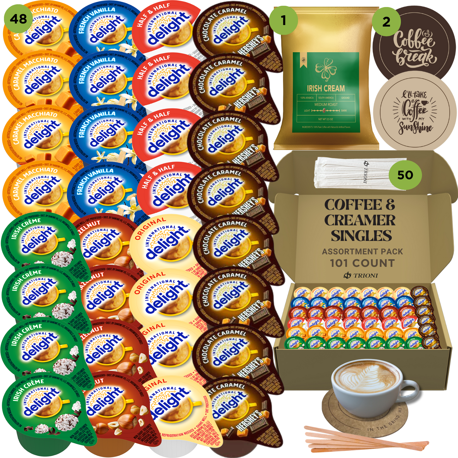 International Delight Creamer Singles with Medium Roast Flavored Ground Coffee Packets - 101 ct Creamer Pods & 1x2.5 oz Coffee Bag - TRIONI Treats