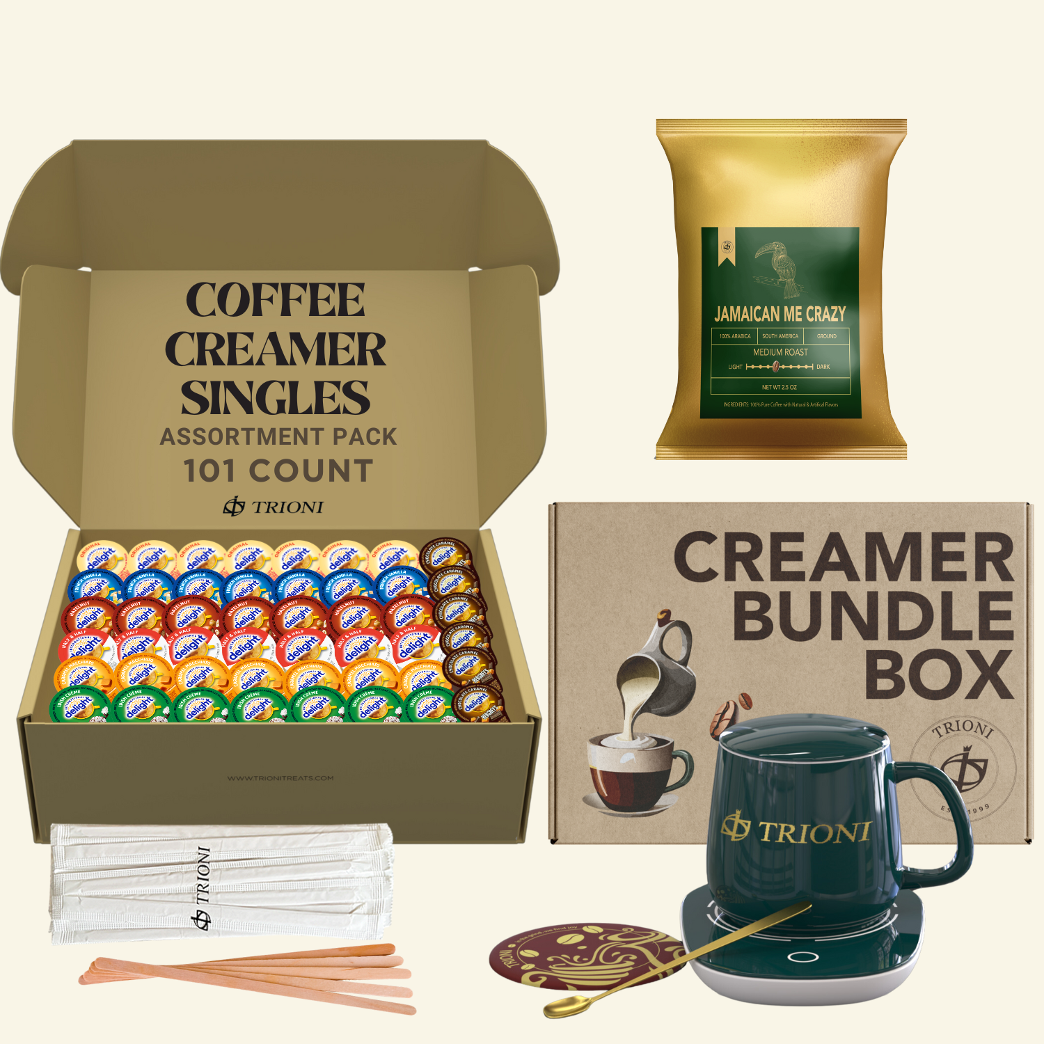International Delight Creamer Singles with Medium Roast Flavored Ground Coffee Packets - 101 ct Creamer Pods & 1x2.5 oz Coffee Bag - TRIONI Treats