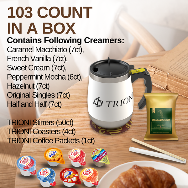 Coffee Mate Coffee Creamer Singles with Ground Coffee - 103ct of Peppermint, Sweet and 5 more Flavored Pods with 1x2.5 oz TRIONI Medium Roast Coffee Packets