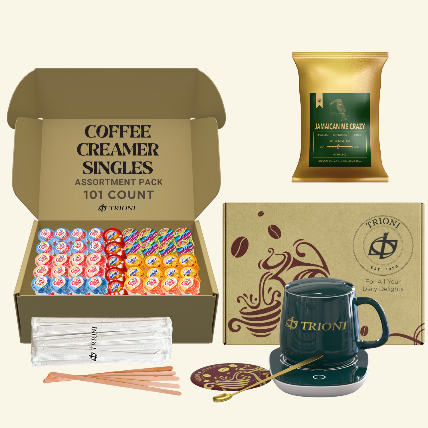 Coffee Mate Coffee Creamer Singles with Ground Coffee - 101ct of Peppermint, Sweet and 5 more Flavored Pods with 1x2.5 oz TRIONI Medium Roast Coffee Packets - TRIONI Treats