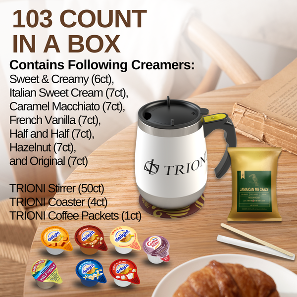 International Delight Coffee Creamer Singles with Ground Coffee - 103ct of Italian, Sweet Cream and 5 more Flavored Pods with 1x2.5 oz TRIONI Medium Roast Coffee Packets