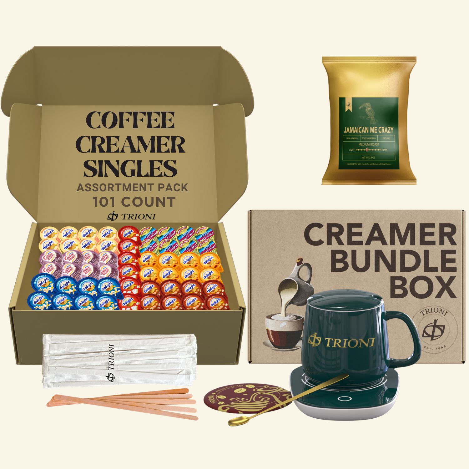 International Delight Coffee Creamer Singles with Ground Coffee - 101ct of Italian, Sweet Cream and 5 more Flavored Pods with 1x2.5 oz TRIONI Medium Roast Coffee Packets - TRIONI Treats