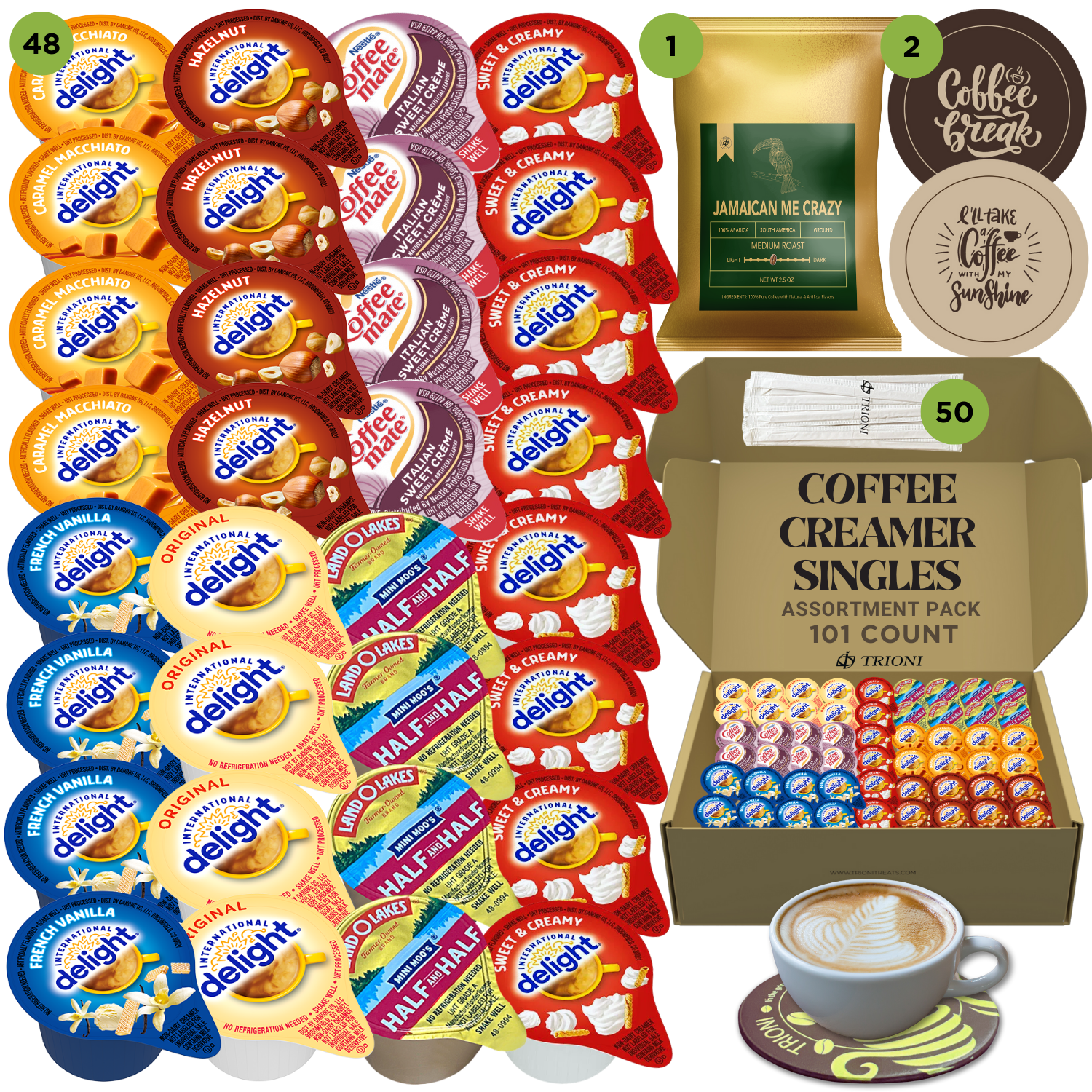 International Delight Coffee Creamer Singles with Ground Coffee - 101ct of Italian, Sweet Cream and 5 more Flavored Pods with 1x2.5 oz TRIONI Medium Roast Coffee Packets - TRIONI Treats