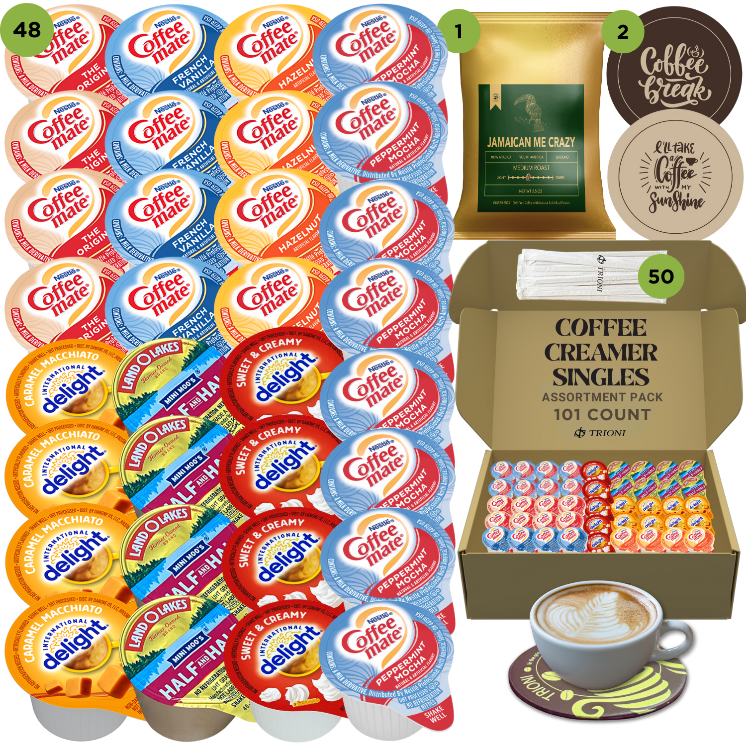 Coffee Mate Coffee Creamer Singles with Ground Coffee - 101ct of Peppermint, Sweet and 5 more Flavored Pods with 1x2.5 oz TRIONI Medium Roast Coffee Packets - TRIONI Treats