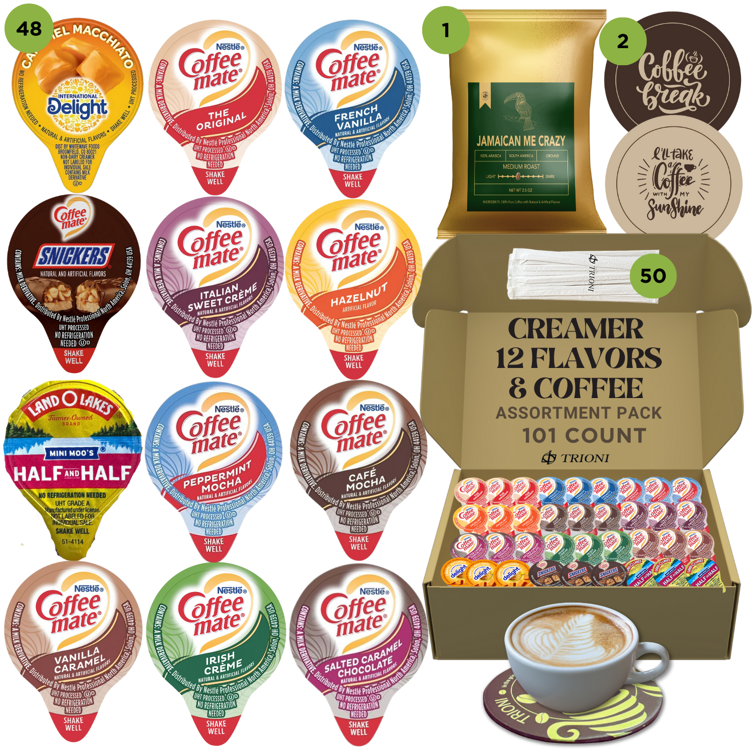 Coffee Mate Creamer Singles with Medium Roast Flavored Ground Coffee Packets - 101 ct, 12 Flavors Pods and 1x2.5 oz Coffee Bag - TRIONI Treats