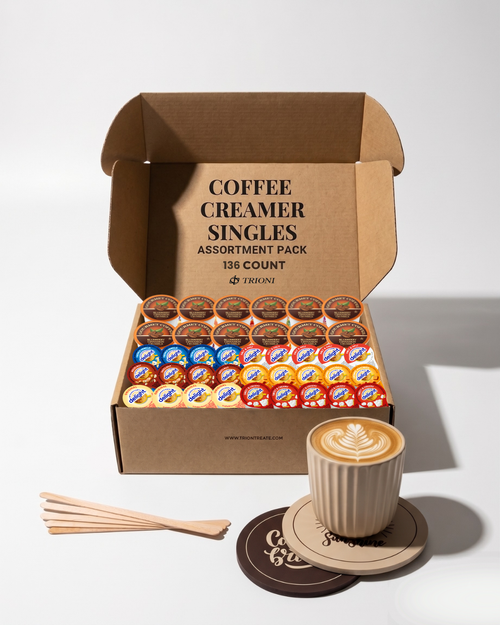 Coffee Creamer Singles with Flavored Coffee K Cups Variety Pack (136 count) - TRIONI Treats