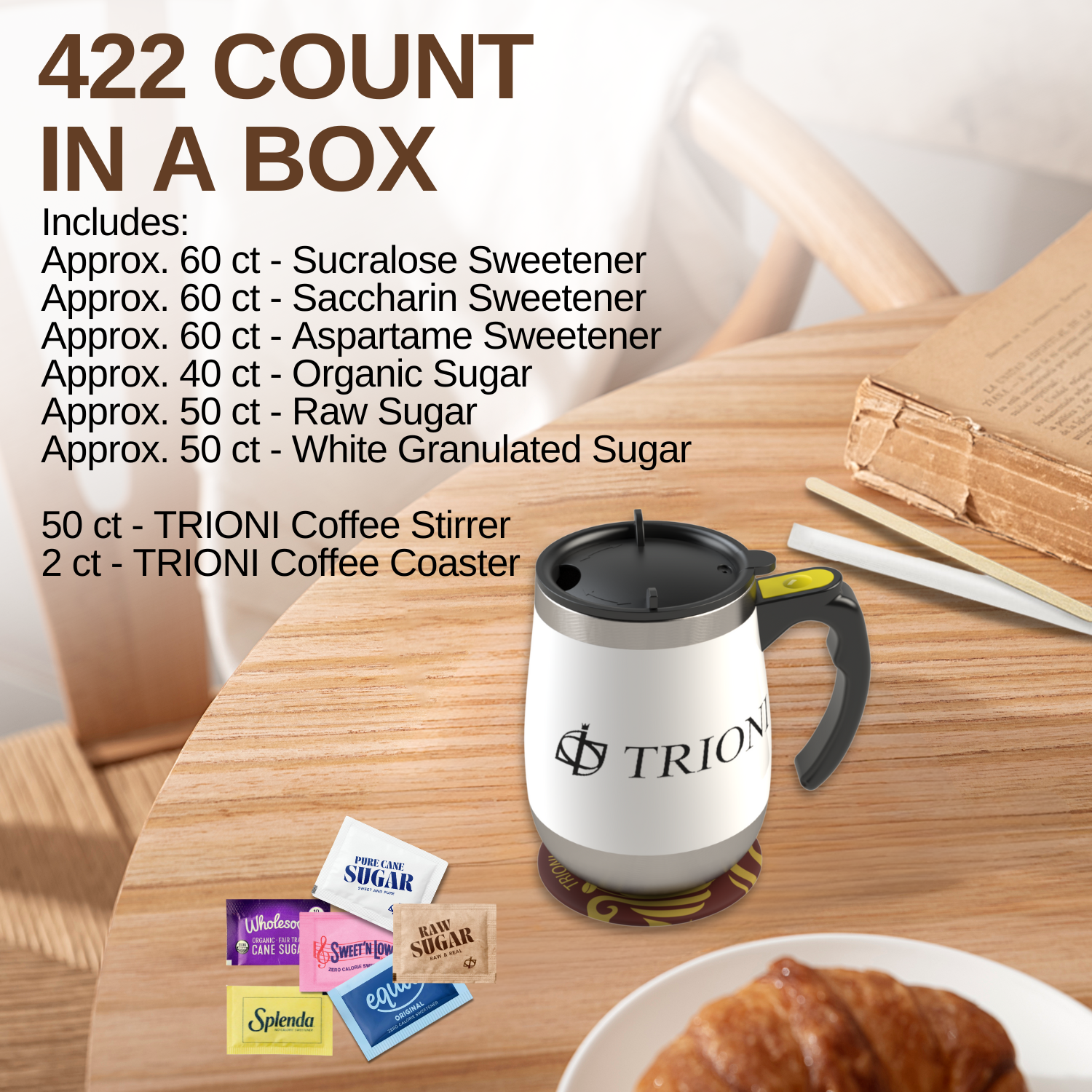 Sugar Packets and Sweetener Packets Variety Pack - 422ct - Splenda, Equal, Sweet n Low, Stevia, Trioni, Wholesome and Organic Sugar in the Raw - TRIONI Treats