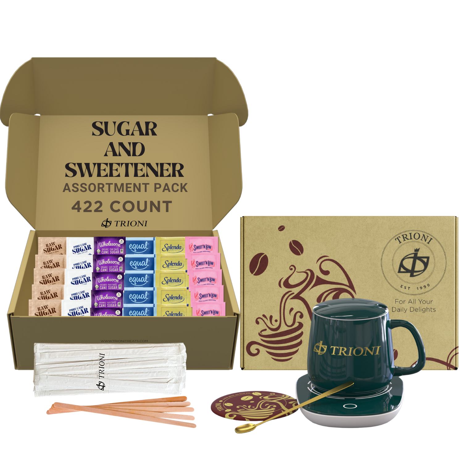 Sugar Packets and Sweetener Packets Variety Pack - 422ct - Splenda, Equal, Sweet n Low, Stevia, Trioni, Wholesome and Organic Sugar in the Raw - TRIONI Treats