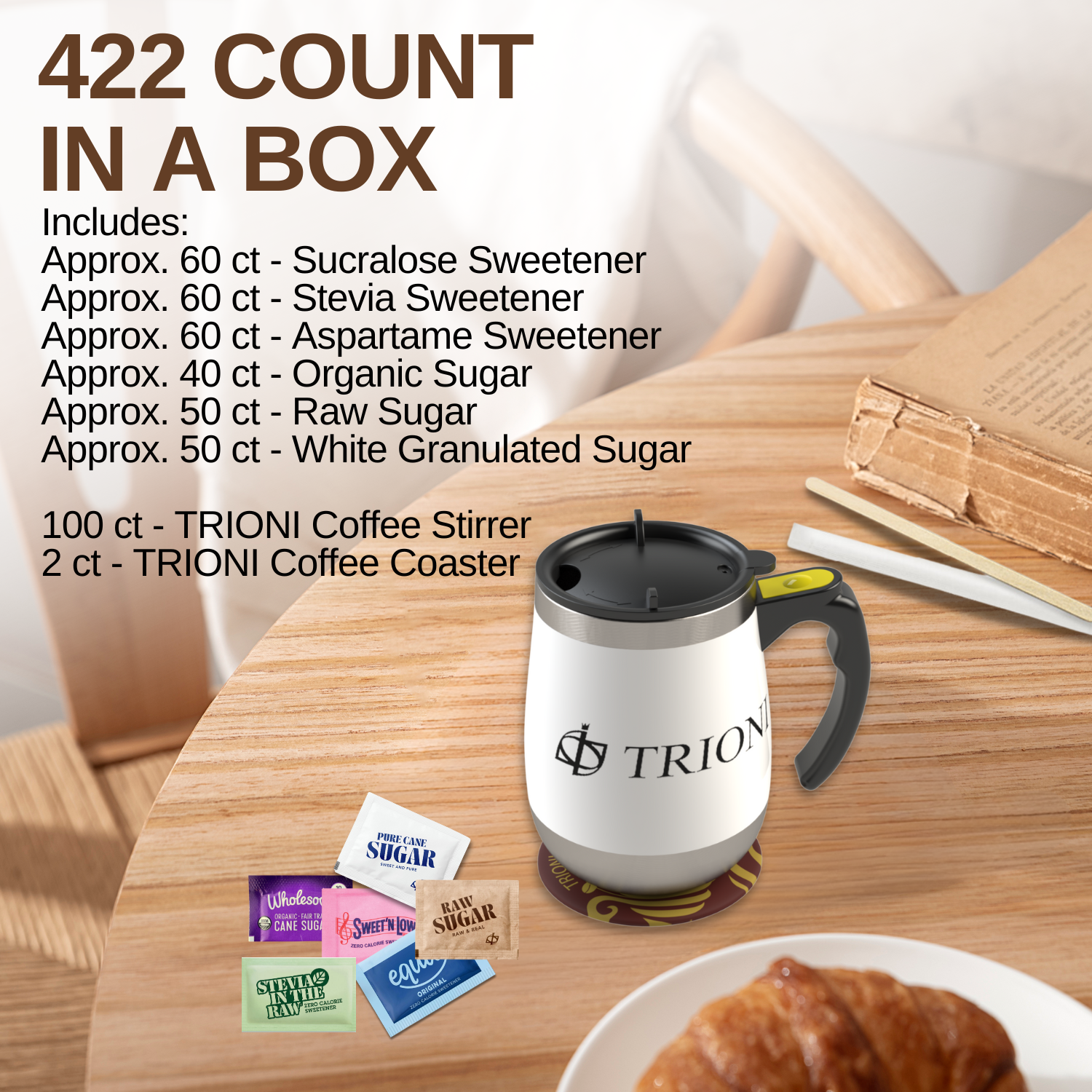 Sugar Packets and Sweetener Packets Variety Pack - 422ct - Splenda, Equal, Sweet n Low, Stevia, Trioni, Wholesome and Organic Sugar in the Raw - TRIONI Treats
