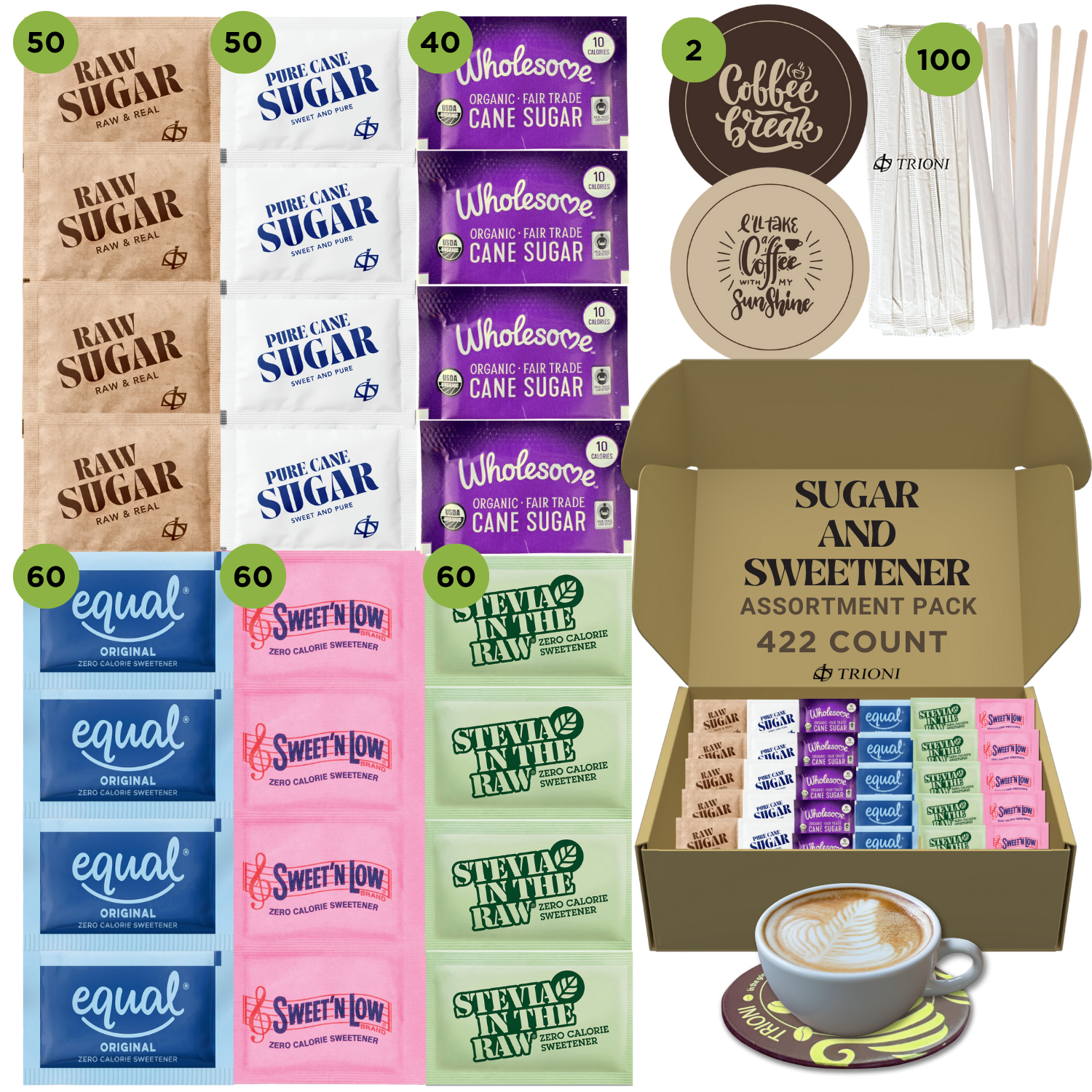 Sugar Packets and Sweetener Packets Variety Pack - 422ct - Splenda, Equal, Sweet n Low, Stevia, Trioni, Wholesome and Organic Sugar in the Raw - TRIONI Treats