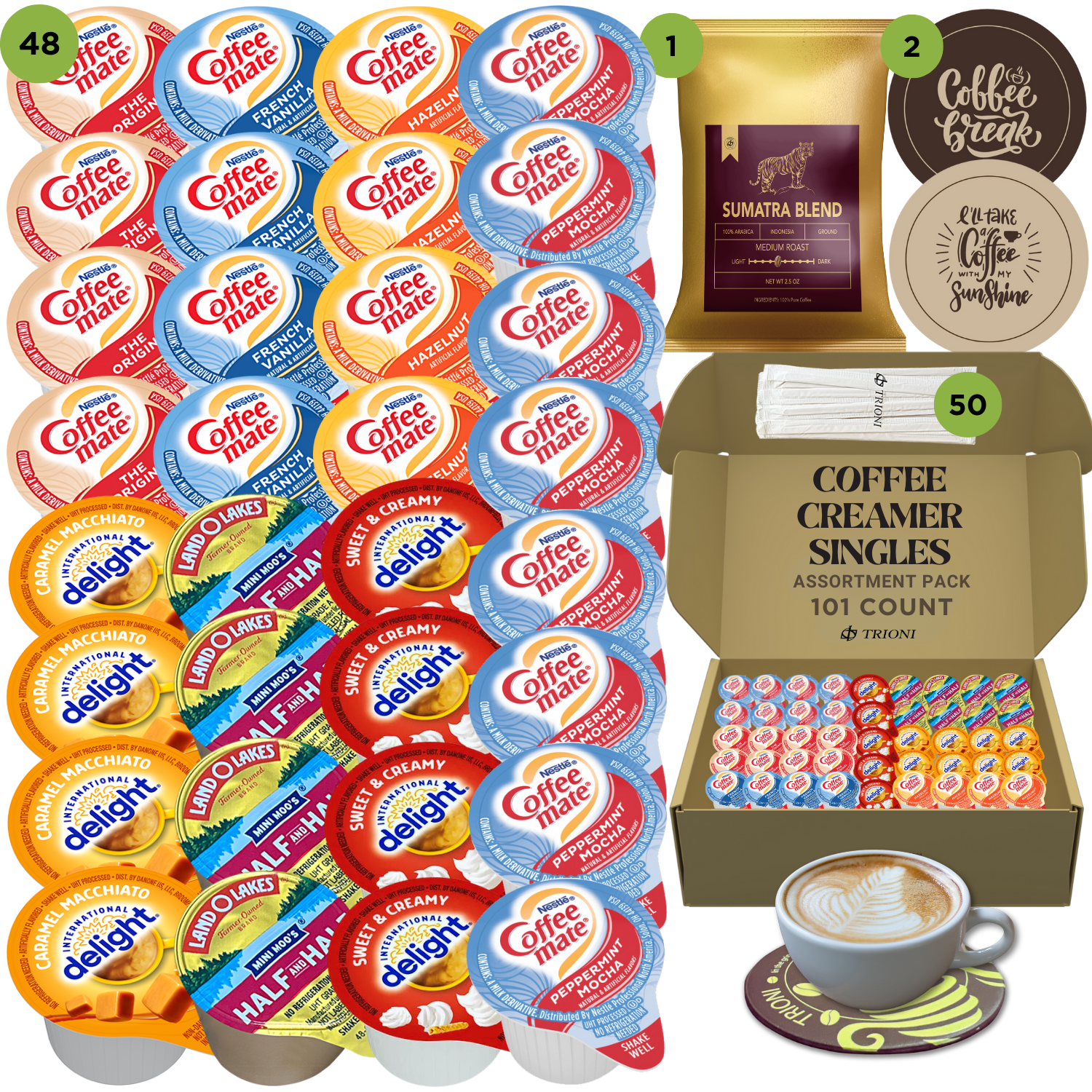 Coffee Mate Coffee Creamer Singles with Ground Coffee - 101ct of Peppermint, Sweet and 5 more Flavored Pods with 1x2.5 oz TRIONI Medium Roast Coffee Packets - TRIONI Treats