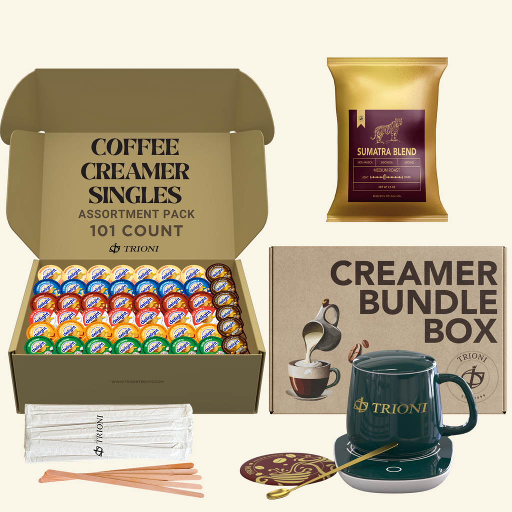 International Delight Creamer Singles with Medium Roast Flavored Ground Coffee Packets - 101 ct Creamer Pods & 1x2.5 oz Coffee Bag - TRIONI Treats