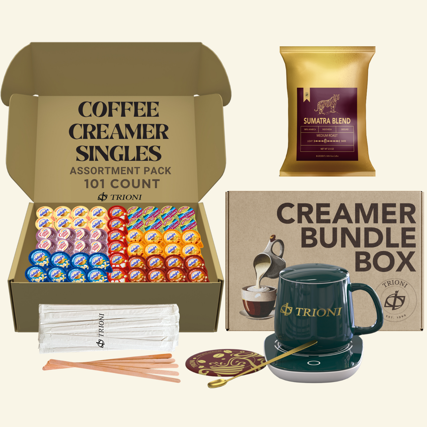 International Delight Coffee Creamer Singles with Ground Coffee - 101ct of Italian, Sweet Cream and 5 more Flavored Pods with 1x2.5 oz TRIONI Medium Roast Coffee Packets - TRIONI Treats