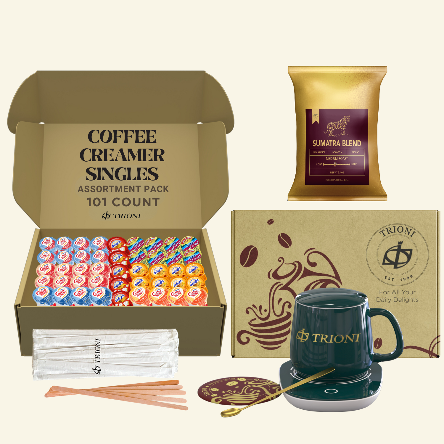 Coffee Mate Coffee Creamer Singles with Ground Coffee - 101ct of Peppermint, Sweet and 5 more Flavored Pods with 1x2.5 oz TRIONI Medium Roast Coffee Packets - TRIONI Treats