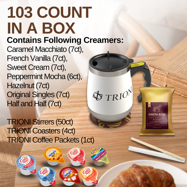 Coffee Mate Coffee Creamer Singles with Ground Coffee - 103ct of Peppermint, Sweet and 5 more Flavored Pods with 1x2.5 oz TRIONI Medium Roast Coffee Packets