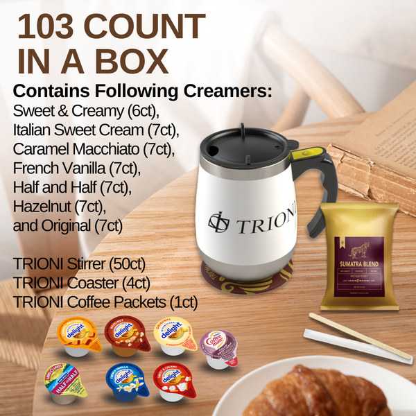 International Delight Coffee Creamer Singles with Ground Coffee - 103ct of Italian, Sweet Cream and 5 more Flavored Pods with 1x2.5 oz TRIONI Medium Roast Coffee Packets