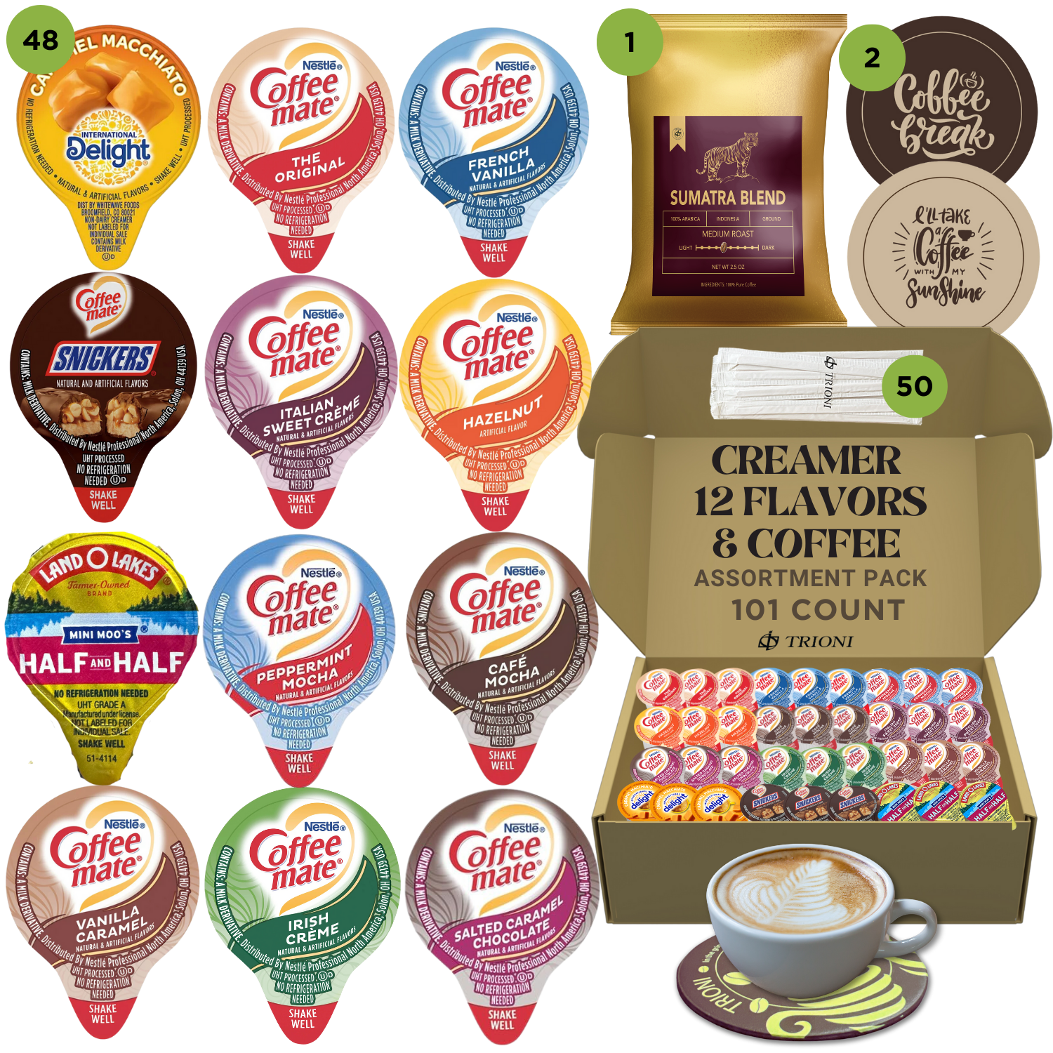 Coffee Mate Creamer Singles with Medium Roast Flavored Ground Coffee Packets - 101 ct, 12 Flavors Pods and 1x2.5 oz Coffee Bag - TRIONI Treats