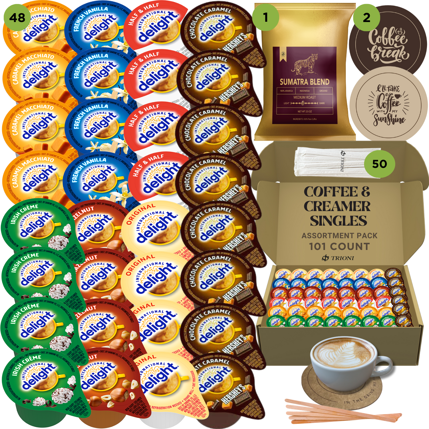 International Delight Creamer Singles with Medium Roast Flavored Ground Coffee Packets - 101 ct Creamer Pods & 1x2.5 oz Coffee Bag - TRIONI Treats