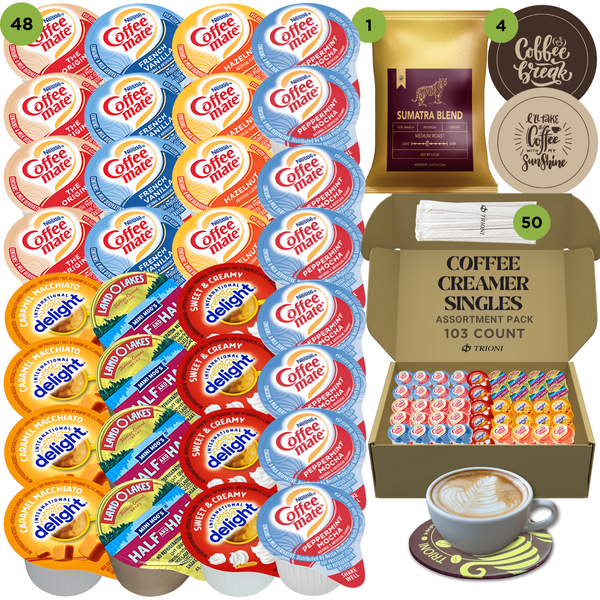 Coffee Mate Coffee Creamer Singles with Ground Coffee - 103ct of Peppermint, Sweet and 5 more Flavored Pods with 1x2.5 oz TRIONI Medium Roast Coffee Packets