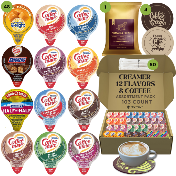 Coffee Mate Creamer Singles with Medium Roast Flavored Ground Coffee Packets - 103 ct, 12 Flavors Pods and 1x2.5 oz Coffee Bag