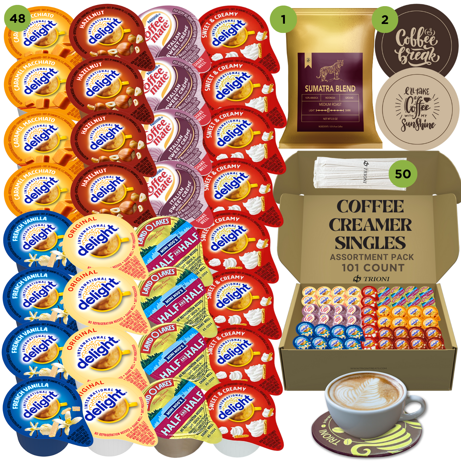 International Delight Coffee Creamer Singles with Ground Coffee - 101ct of Italian, Sweet Cream and 5 more Flavored Pods with 1x2.5 oz TRIONI Medium Roast Coffee Packets - TRIONI Treats