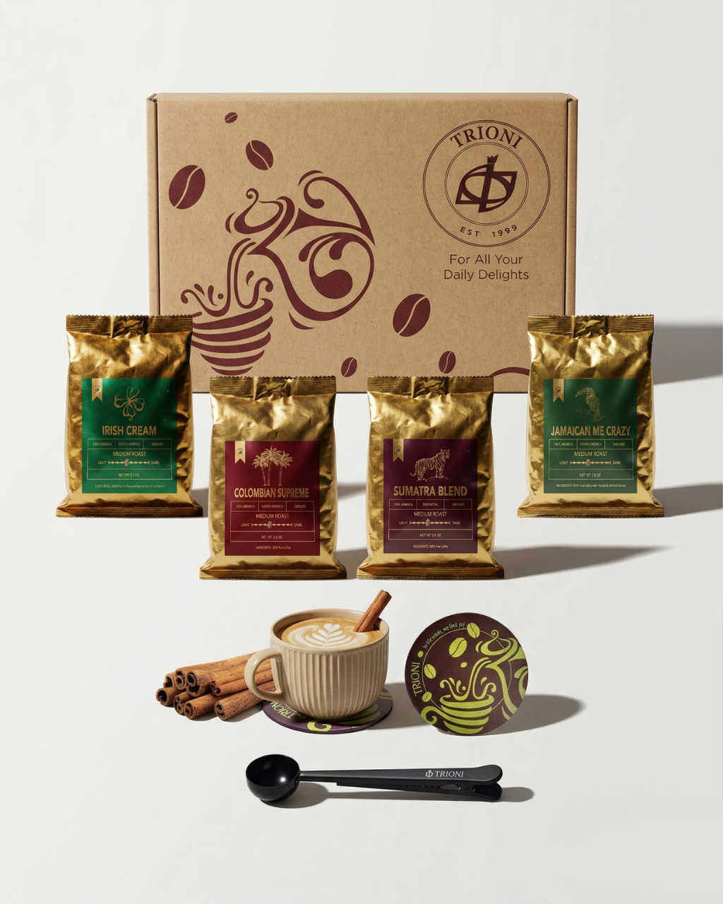 Gourmet Coffee Sampler Gift Set (4x2.5oz) TRIONI Medium Roast Ground Coffee Variety Pack - TRIONI Treats