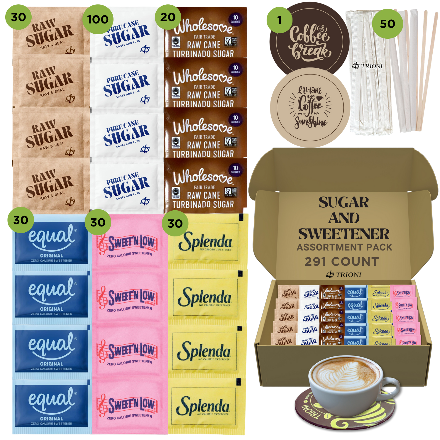Sugar Packets and Sweetener Packets Variety Pack - 291ct - Splenda, Equal, Sweet n Low, Stevia, Trioni, Wholesome and Turbinado - TRIONI Treats