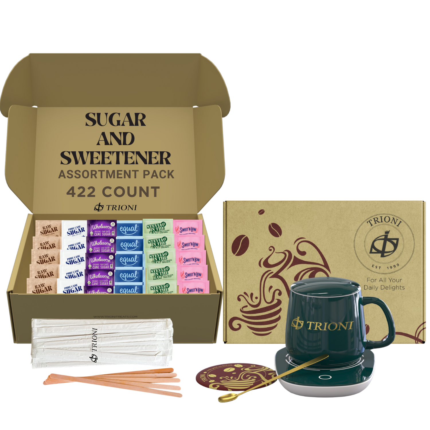 Sugar Packets and Sweetener Packets Variety Pack - 422ct - Splenda, Equal, Sweet n Low, Stevia, Trioni, Wholesome and Organic Sugar in the Raw - TRIONI Treats