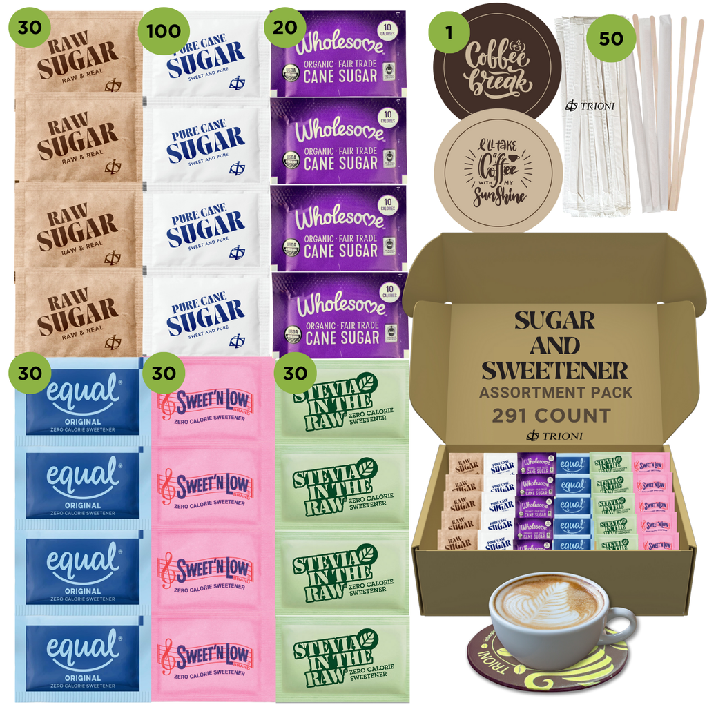 Sugar Packets and Sweetener Packets Variety Pack - 291ct - Splenda, Equal, Sweet n Low, Stevia, Trioni, Wholesome and Organic Sugar in the Raw - TRIONI Treats
