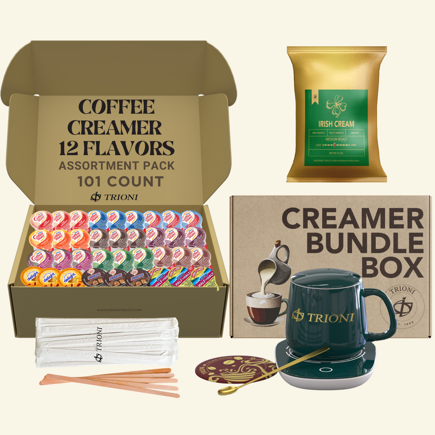 Coffee Mate Creamer Singles with Medium Roast Flavored Ground Coffee Packets - 101 ct, 12 Flavors Pods and 1x2.5 oz Coffee Bag - TRIONI Treats