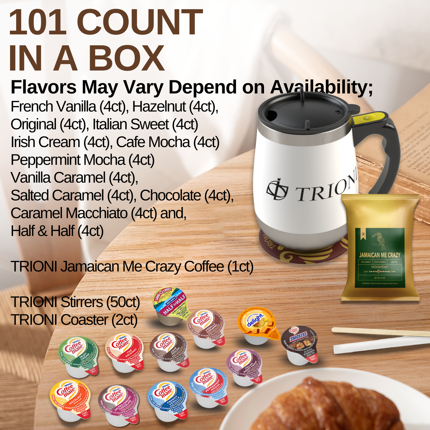 Coffee Mate Creamer Singles with Medium Roast Flavored Ground Coffee Packets - 101 ct, 12 Flavors Pods and 1x2.5 oz Coffee Bag - TRIONI Treats