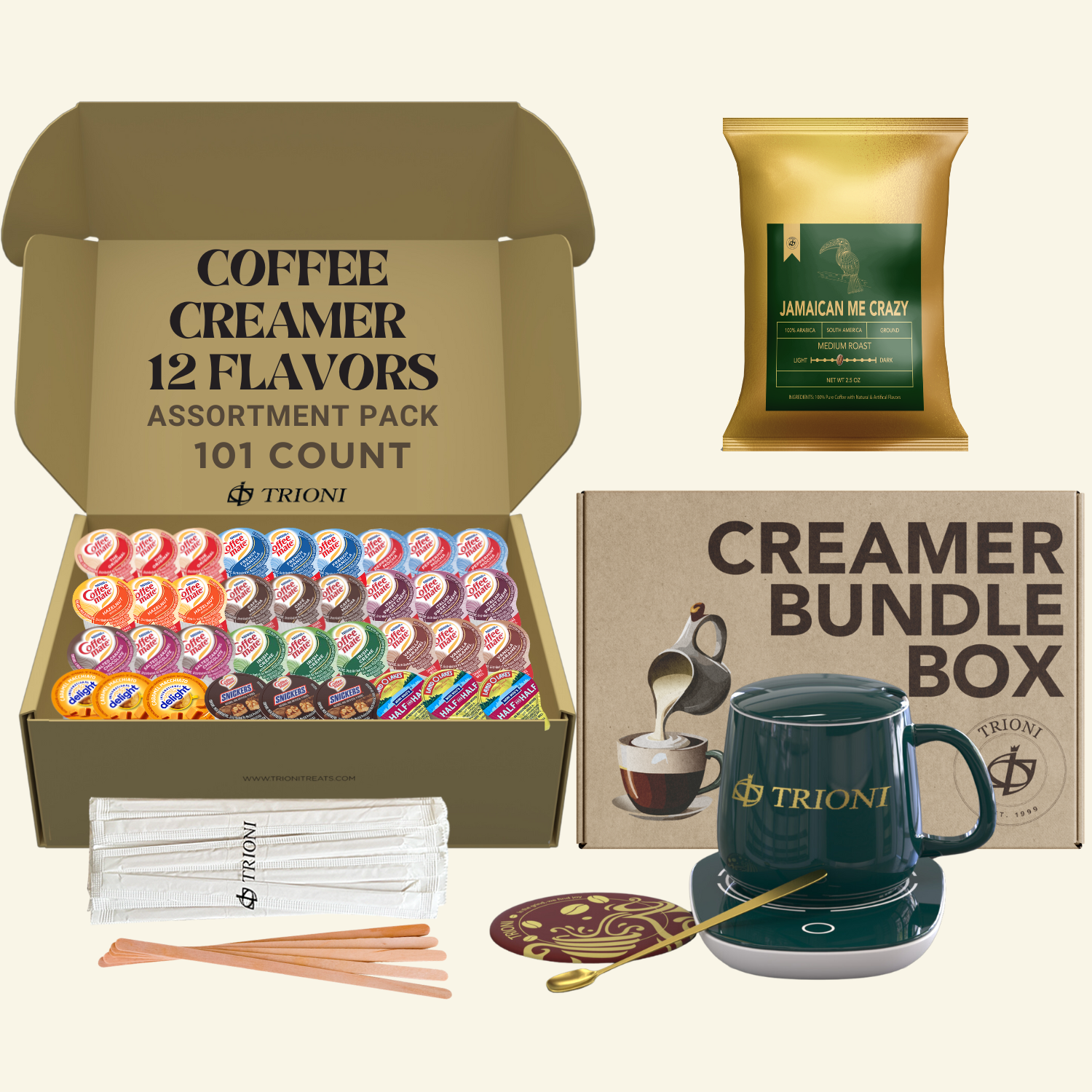 Coffee Mate Creamer Singles with Medium Roast Flavored Ground Coffee Packets - 101 ct, 12 Flavors Pods and 1x2.5 oz Coffee Bag - TRIONI Treats