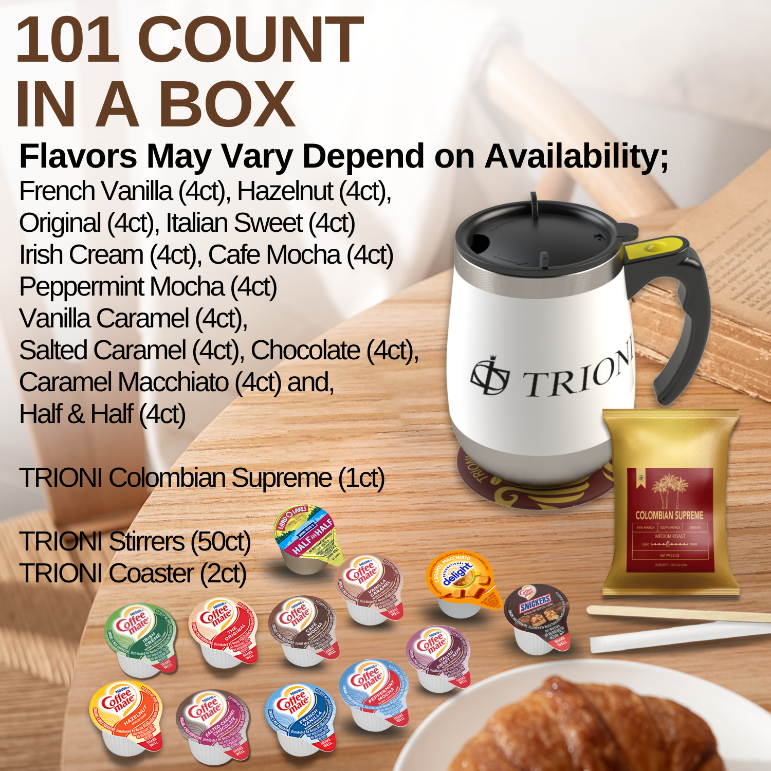 Coffee Mate Creamer Singles with Medium Roast Flavored Ground Coffee Packets - 101 ct, 12 Flavors Pods and 1x2.5 oz Coffee Bag - TRIONI Treats