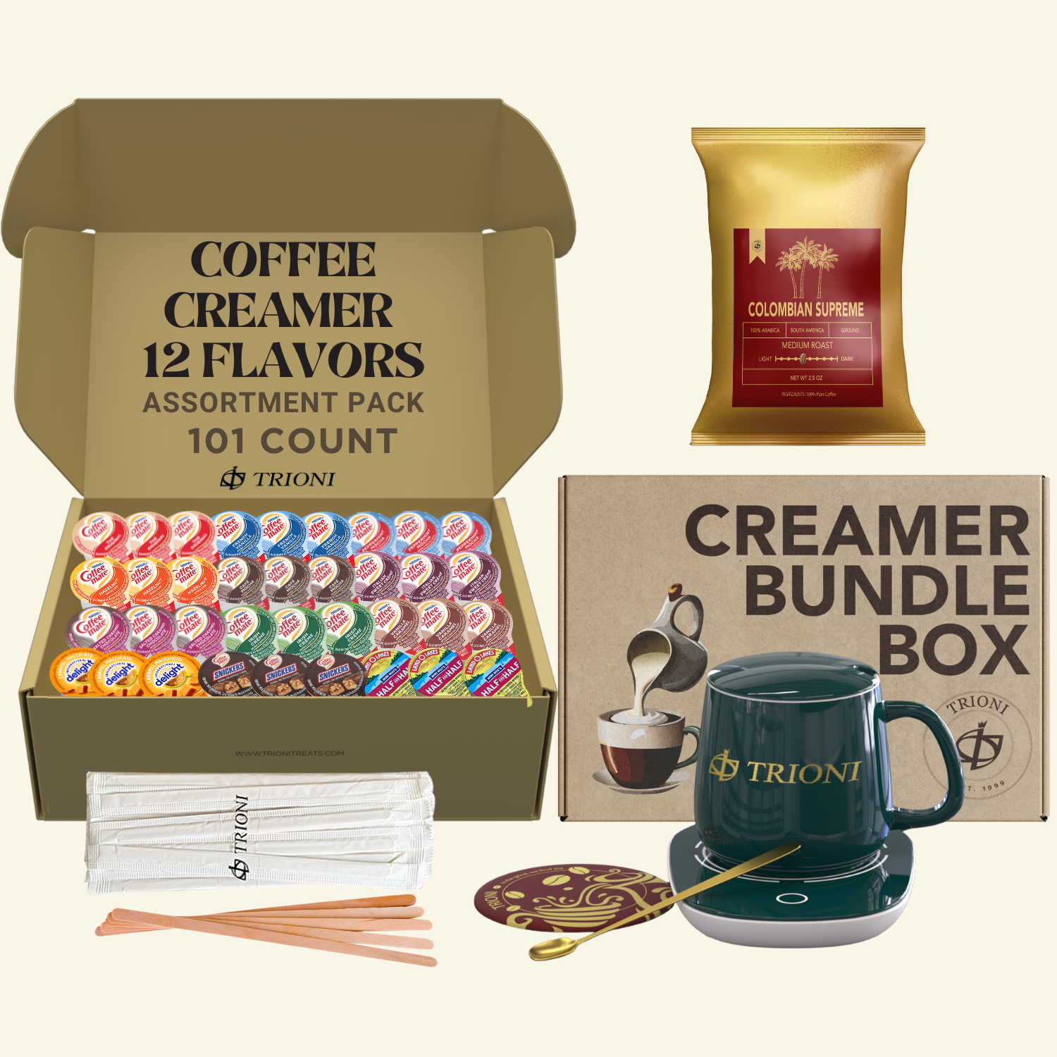 Coffee Mate Creamer Singles with Medium Roast Flavored Ground Coffee Packets - 101 ct, 12 Flavors Pods and 1x2.5 oz Coffee Bag - TRIONI Treats