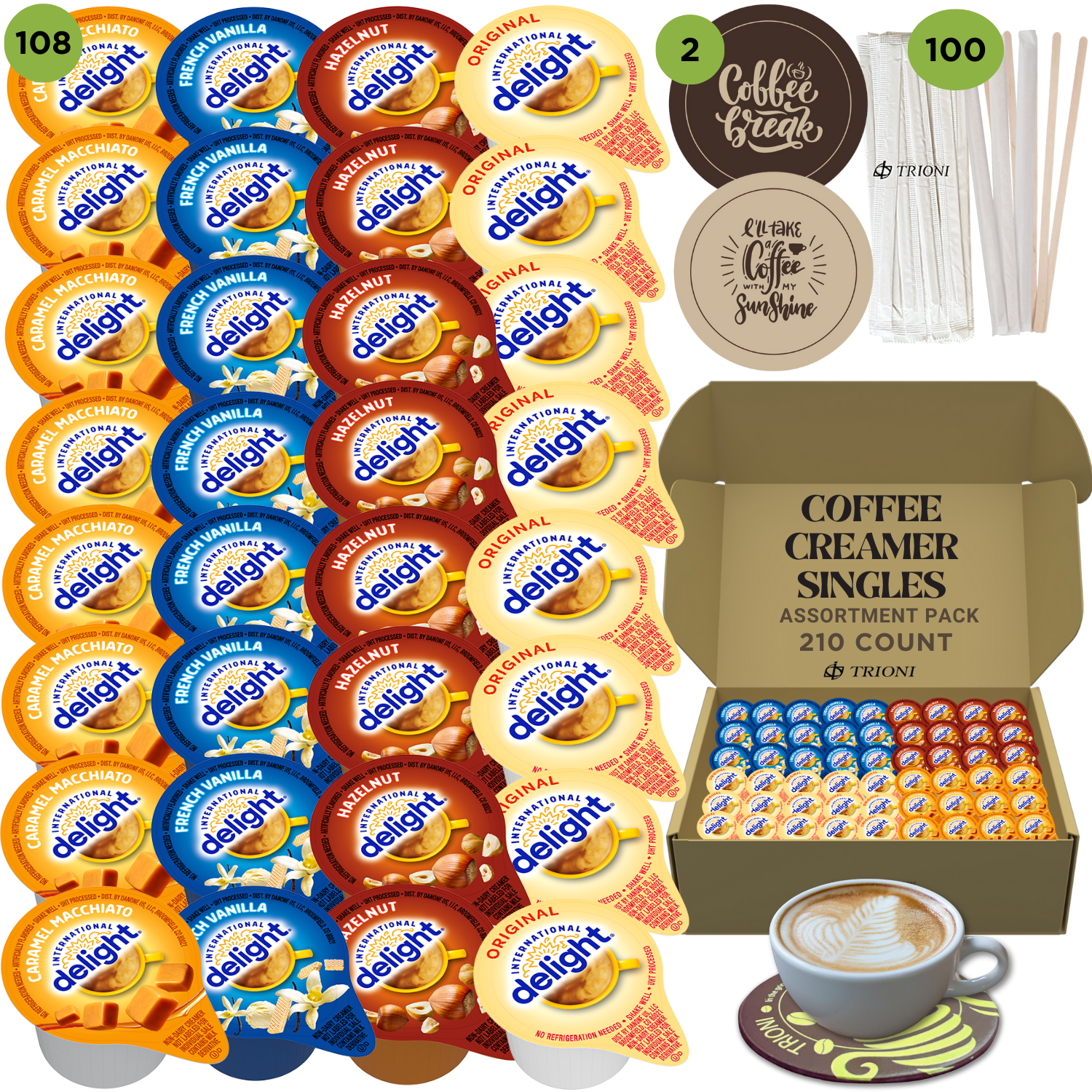 International Delight Coffee Creamer Singles Variety Pack - Caramel Macchiato and 3 More Flavors - TRIONI Treats
