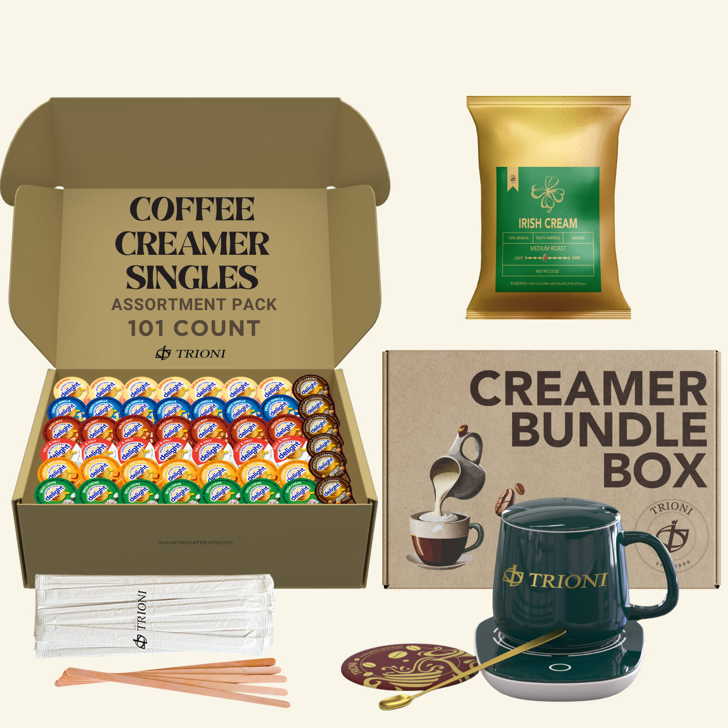 International Delight Creamer Singles with Medium Roast Flavored Ground Coffee Packets - 101 ct Creamer Pods & 1x2.5 oz Coffee Bag - TRIONI Treats