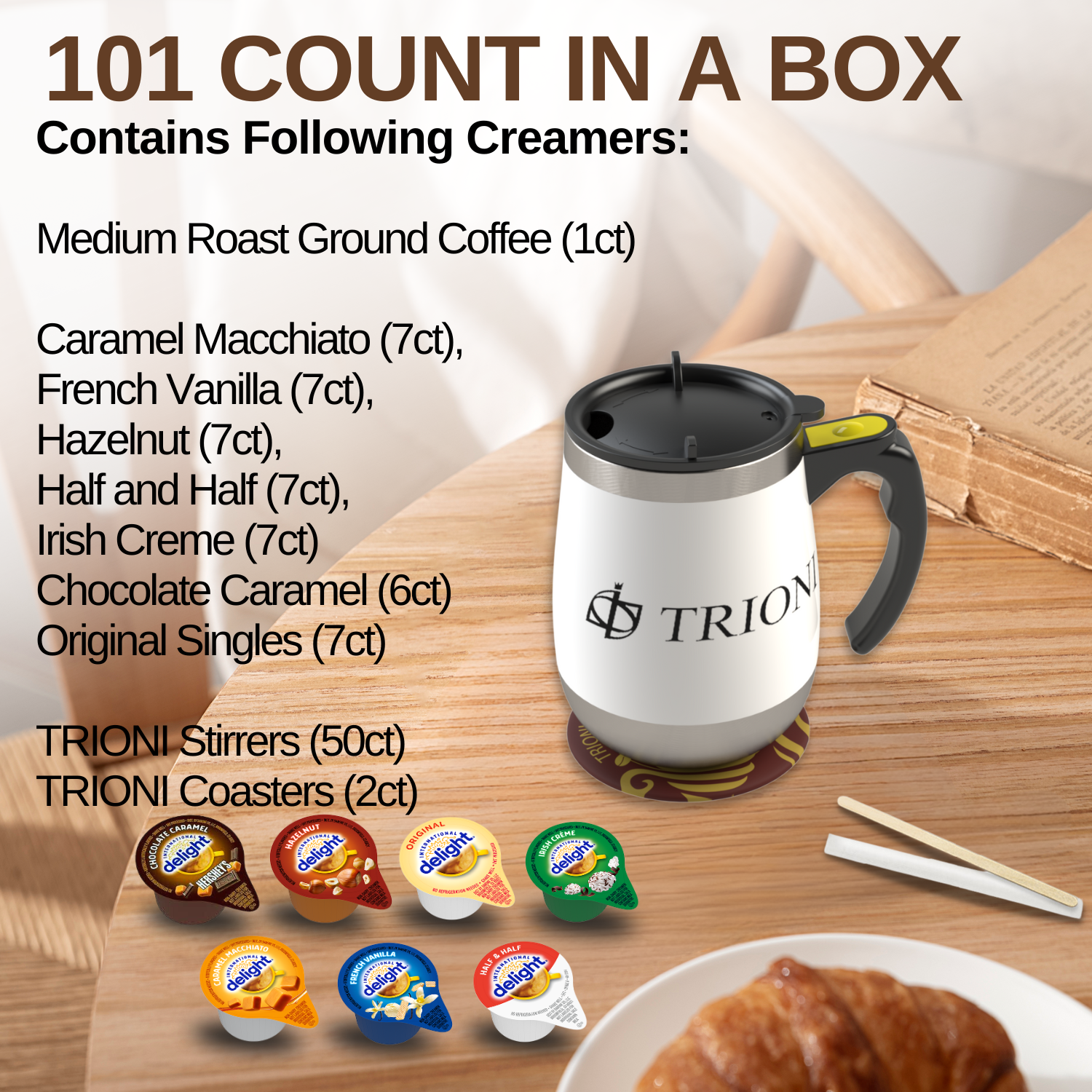International Delight Creamer Singles with Medium Roast Flavored Ground Coffee Packets - 101 ct Creamer Pods & 1x2.5 oz Coffee Bag - TRIONI Treats