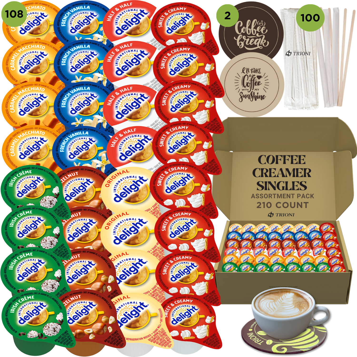 International Delight Coffee Creamer Singles Variety Pack - Sweet Cream, Irish Creme, and 5 More Flavors - TRIONI Treats