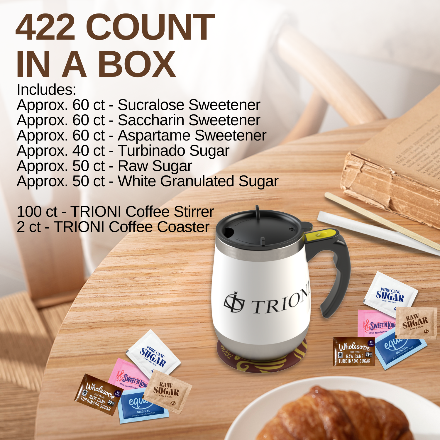 Sugar Packets and Sweetener Packets Variety Pack - 422ct - Splenda, Equal, Sweet n Low, Stevia, Trioni, Wholesome and Organic Sugar in the Raw - TRIONI Treats