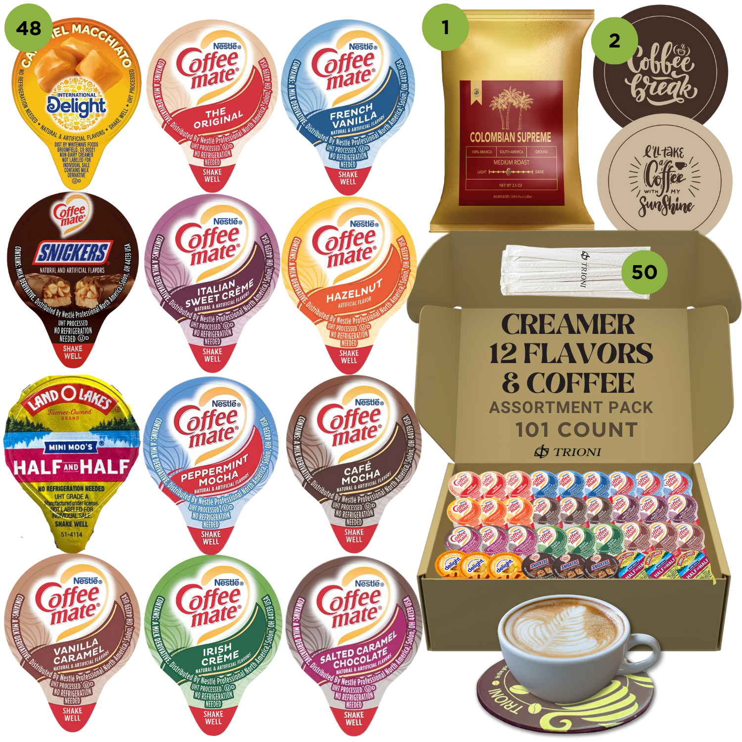 Coffee Mate Creamer Singles with Medium Roast Flavored Ground Coffee Packets - 101 ct, 12 Flavors Pods and 1x2.5 oz Coffee Bag - TRIONI Treats