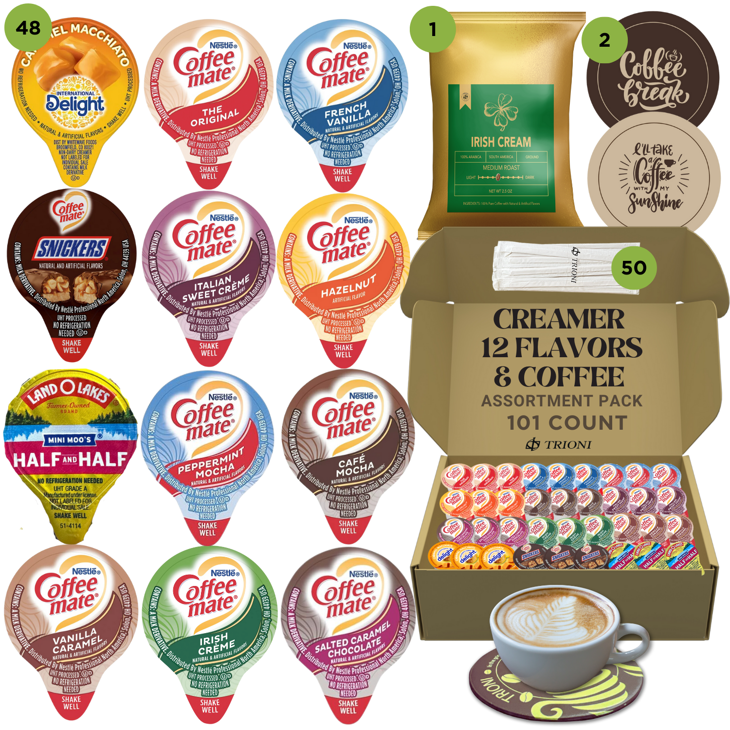 Coffee Mate Creamer Singles with Medium Roast Flavored Ground Coffee Packets - 101 ct, 12 Flavors Pods and 1x2.5 oz Coffee Bag - TRIONI Treats