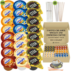 Coffee Creamer Singles with Espresso Coffee Pods Variety Pack Bundle (133ct) - TRIONI Treats