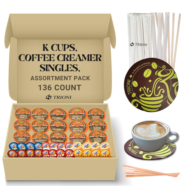 Coffee Creamer Singles with Flavored Coffee K Cups Variety Pack Bundle (136ct) - TRIONI Treats