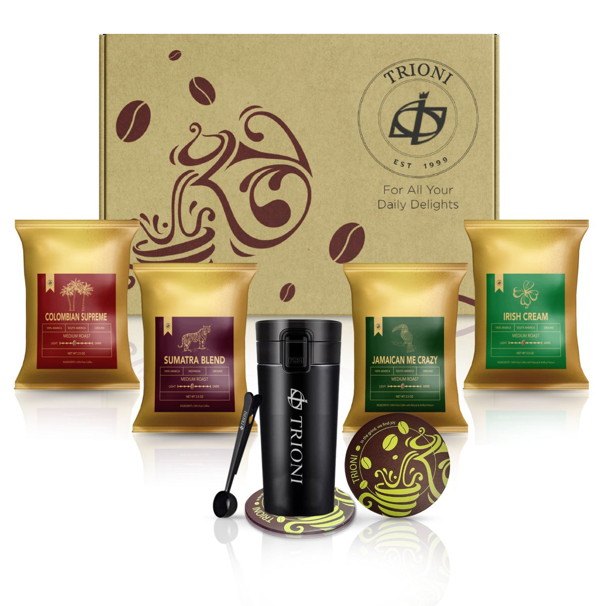 TRIONI Deluxe Coffee Sampler Gift Set Includes Insulated Coffee Mug with Lid, Ground Coffee Packets, Coffee Scoop with Clip and a Coaster - TRIONI Treats