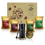 TRIONI Deluxe Coffee Sampler Gift Set Includes Insulated Coffee Mug with Lid, Ground Coffee Packets, Coffee Scoop with Clip and a Coaster - TRIONI Treats