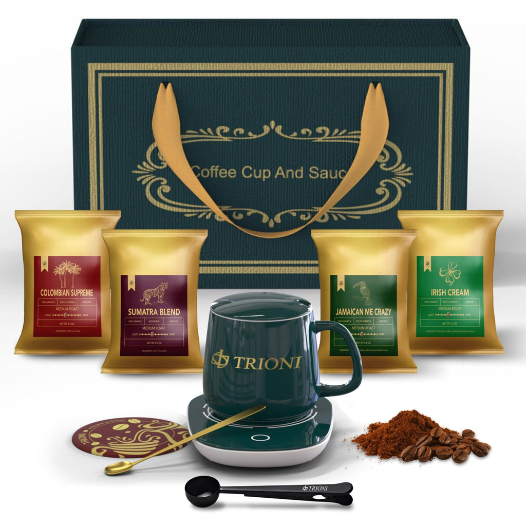 TRIONI Premium Coffee Gift Basket featuring a Self Heating Coffee Mug, Coffee Scoop Clip, and a Coaster - TRIONI Treats